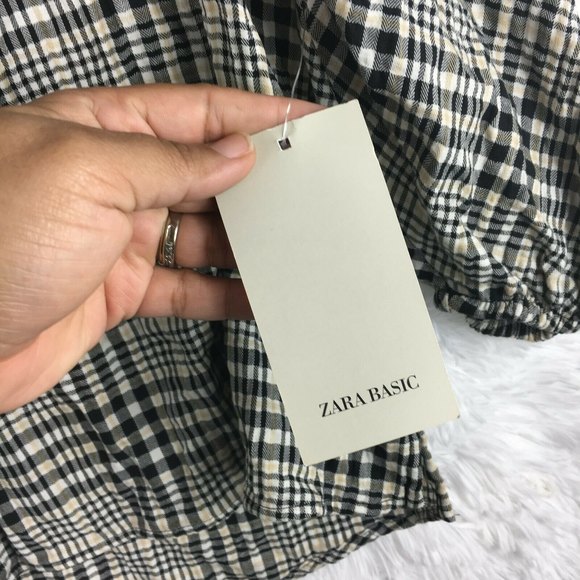 ZARA Basic Plaid Black and White Ruched Sleeves Shirt Size M New - Picture 5 of 7